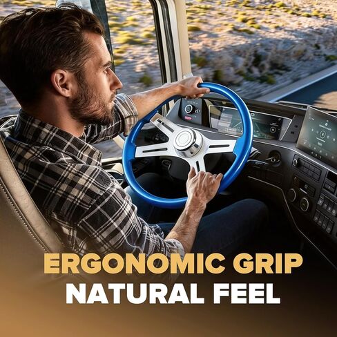 18 Inch Solid Wood Steering Wheel - For Semi-Trailers Trucks Compatible with Peterbilt Mack Kenworth Volvo Freightliner 4 Spokes Aluminum Chrome Classic Steering Wheel with Horn Button - Blue in Saudi Arabia