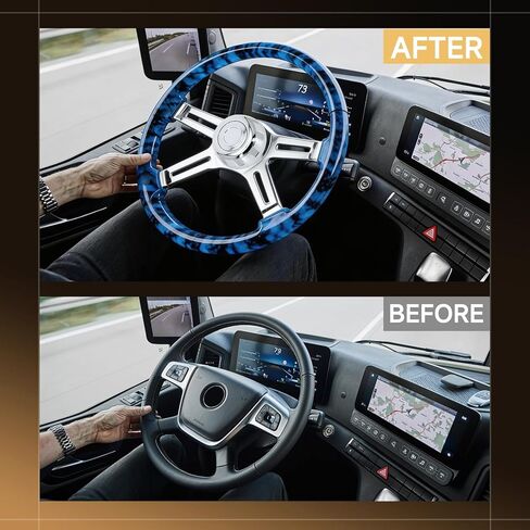 18 Inch Solid Wood Steering Wheel - For Semi-Trailers Trucks Compatible with Peterbilt Mack Kenworth Volvo Freightliner 4 Spokes Aluminum Chrome Classic Steering Wheel with Horn Button - Blue in Saudi Arabia
