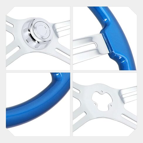 18 Inch Solid Wood Steering Wheel - For Semi-Trailers Trucks Compatible with Peterbilt Mack Kenworth Volvo Freightliner 4 Spokes Aluminum Chrome Classic Steering Wheel with Horn Button - Blue in Saudi Arabia