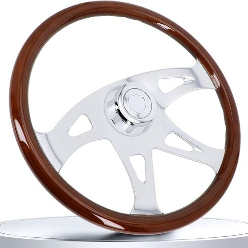 18 Inch Solid Wood Steering Wheel - For Semi-Trailers Trucks Compatible with Peterbilt Mack Kenworth Volvo Freightliner 4 Spokes Aluminum Chrome Classic Steering Wheel with Horn Button - Blue in Saudi Arabia