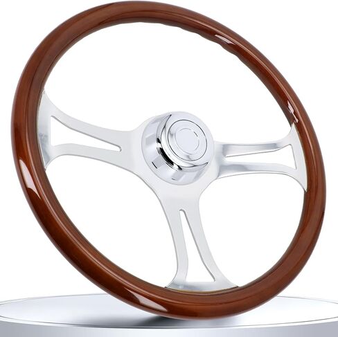 18 Inch Solid Wood Steering Wheel - For Semi-Trailers Trucks Compatible with Peterbilt Mack Kenworth Volvo Freightliner 4 Spokes Aluminum Chrome Classic Steering Wheel with Horn Button - Blue in Saudi Arabia