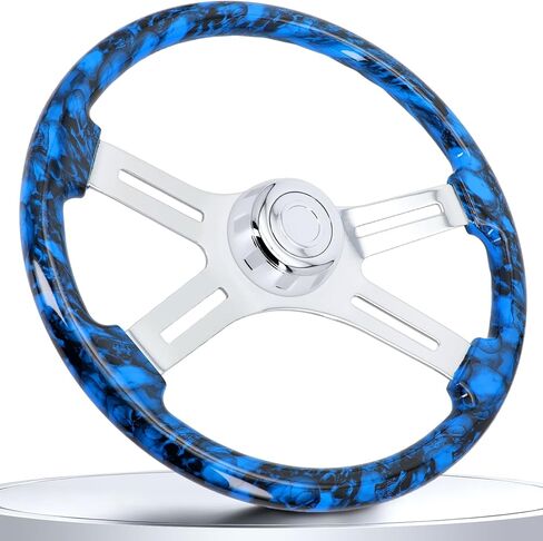18 Inch Solid Wood Steering Wheel - For Semi-Trailers Trucks Compatible with Peterbilt Mack Kenworth Volvo Freightliner 4 Spokes Aluminum Chrome Classic Steering Wheel with Horn Button - Blue in Saudi Arabia
