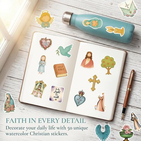 Fancy Land Catholicism Stickers 50Pcs Waterproof Religious Sticker for Kids Adults Bible Jesus Mary Saint Vinyl Decals for Water Bottle Laptop Decorations Gifts in Kuwait