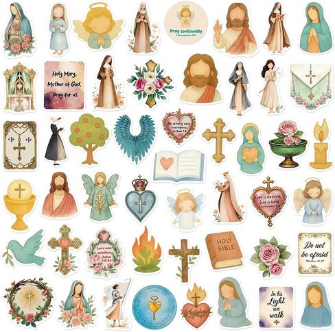 Fancy Land Catholicism Stickers 50Pcs Waterproof Religious Sticker for Kids Adults Bible Jesus Mary Saint Vinyl Decals for Water Bottle Laptop Decorations Gifts in Kuwait
