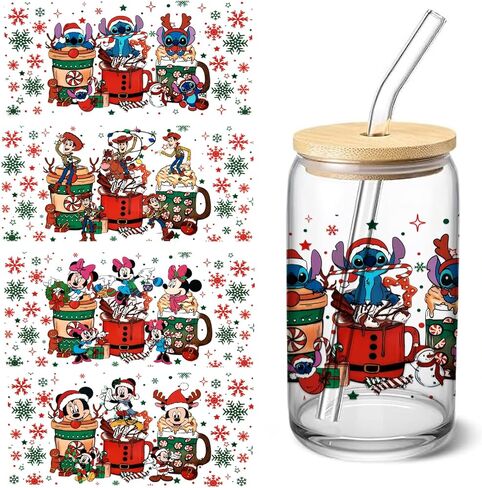 4 Sheets UV DTF Cup Wraps Transfer Stickers for Glass, Christmas Cartoon Cup Wraps Decal Stickers for Tumbler Cups (E) in Saudi Arabia