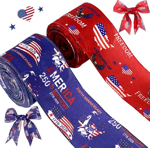 250th Anniversary 4th of July Ribbon, Red White Blue Patriotic Ribbon for Crafts, 2 Rolls USA Flag Stars and Stripes Wired Independence Day Memorial Day Tree Decoration Gift Wrapping Bow Wreaths DIY in Kuwait