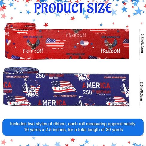 250th Anniversary 4th of July Ribbon, Red White Blue Patriotic Ribbon for Crafts, 2 Rolls USA Flag Stars and Stripes Wired Independence Day Memorial Day Tree Decoration Gift Wrapping Bow Wreaths DIY in Kuwait
