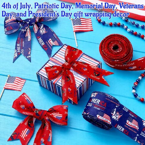 250th Anniversary 4th of July Ribbon, Red White Blue Patriotic Ribbon for Crafts, 2 Rolls USA Flag Stars and Stripes Wired Independence Day Memorial Day Tree Decoration Gift Wrapping Bow Wreaths DIY in Kuwait