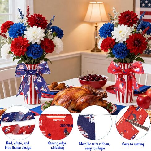 250th Anniversary 4th of July Ribbon, Red White Blue Patriotic Ribbon for Crafts, 2 Rolls USA Flag Stars and Stripes Wired Independence Day Memorial Day Tree Decoration Gift Wrapping Bow Wreaths DIY in Kuwait