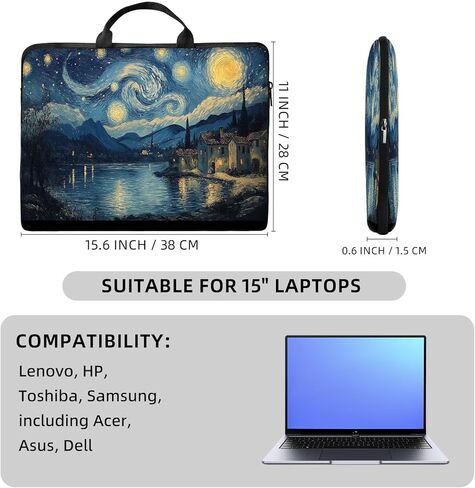 Van Gogh Starry Night Laptop Sleeve, 15 Inch Impressionist Art Computer Carrying Case, Oil Painting Style Notebook Bag with Handle, Aesthetic Artistic Gift for Her Him in Kuwait
