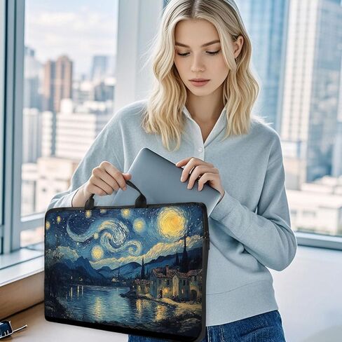 Van Gogh Starry Night Laptop Sleeve, 15 Inch Impressionist Art Computer Carrying Case, Oil Painting Style Notebook Bag with Handle, Aesthetic Artistic Gift for Her Him in Kuwait