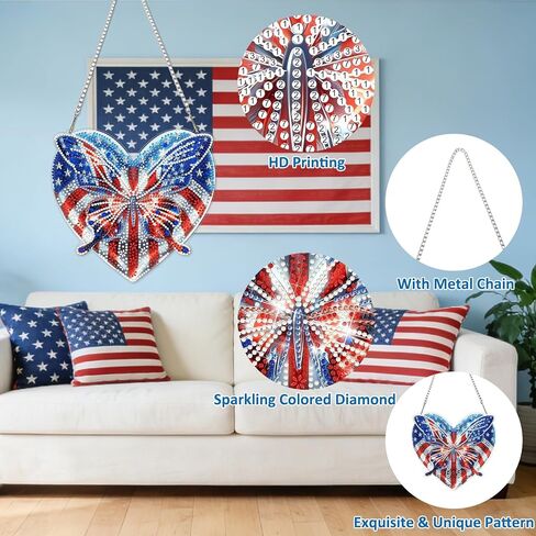 4TH of July Diamond Art Hanging Kit for Adult, Butterfly Diamond Art Hanging Kit,Patriotic DIY Diamond Art, Independence Day Diamond Art Suncatcher, Window Pendants Garden Wall Hanging Ornament in Saudi Arabia