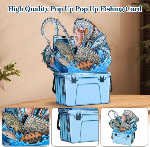 FaCraft Fathers Day Card, 3D 5-Layer Handmade Fishing Pop Up Dad Birthday Card for Man Dad Husband Fisherman - Large 8x8 Tackle Box Diorama with 2 Message Inserts & White Pearlescent Envelope & Seal in Kuwait