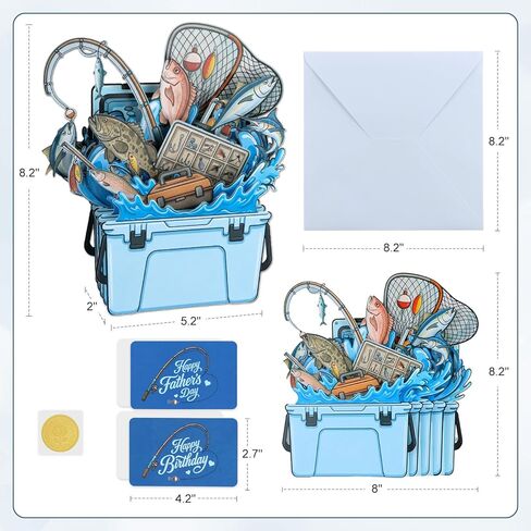 FaCraft Fathers Day Card, 3D 5-Layer Handmade Fishing Pop Up Dad Birthday Card for Man Dad Husband Fisherman - Large 8x8 Tackle Box Diorama with 2 Message Inserts & White Pearlescent Envelope & Seal in Kuwait