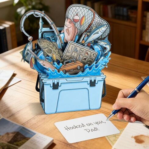 FaCraft Fathers Day Card, 3D 5-Layer Handmade Fishing Pop Up Dad Birthday Card for Man Dad Husband Fisherman - Large 8x8 Tackle Box Diorama with 2 Message Inserts & White Pearlescent Envelope & Seal in Kuwait