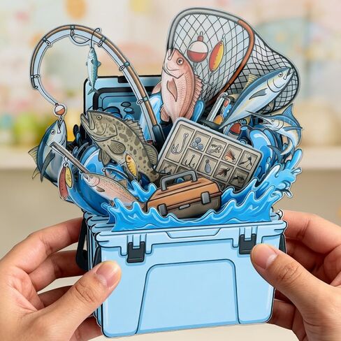FaCraft Fathers Day Card, 3D 5-Layer Handmade Fishing Pop Up Dad Birthday Card for Man Dad Husband Fisherman - Large 8x8 Tackle Box Diorama with 2 Message Inserts & White Pearlescent Envelope & Seal in Kuwait