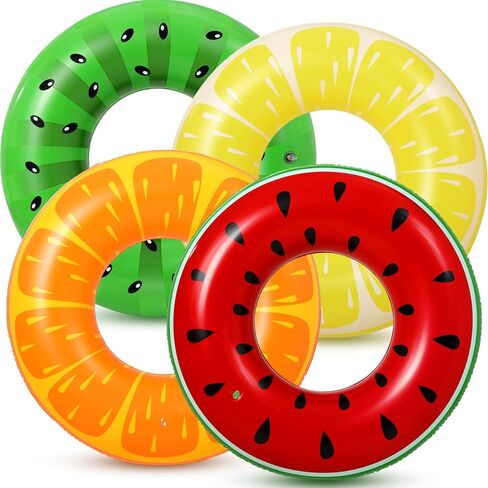 4 Pcs Adult Inflatable Pool Rings 36/45in Inflatable Tubes Fruit Donut Striped Swimming Jumbo Float Tube Rings for Women Summer Pool Beach Hawaiian Luau Party(45 Inch,Donut) in Kuwait