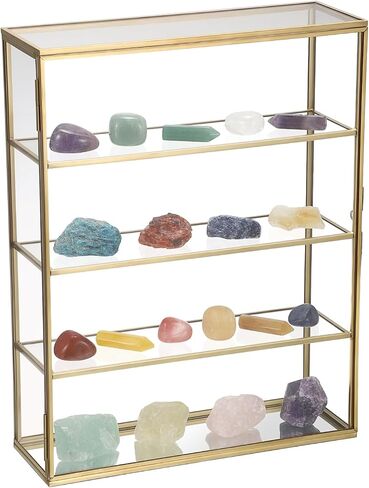 JUXYES 4 Tiers Tabletop Brass Glass Rock Display Case with Latch Door, Modern Clear Rocks Display Case Box with Mirror Bottom, Gold Dust Proof Case for Collectible, Mineral Crystal, Stones in Kuwait