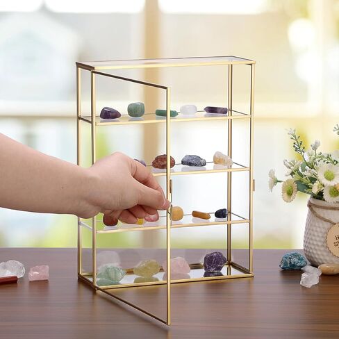 JUXYES 4 Tiers Tabletop Brass Glass Rock Display Case with Latch Door, Modern Clear Rocks Display Case Box with Mirror Bottom, Gold Dust Proof Case for Collectible, Mineral Crystal, Stones in Kuwait