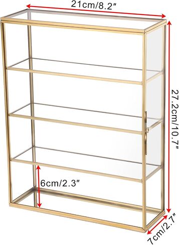 JUXYES 4 Tiers Tabletop Brass Glass Rock Display Case with Latch Door, Modern Clear Rocks Display Case Box with Mirror Bottom, Gold Dust Proof Case for Collectible, Mineral Crystal, Stones in Kuwait