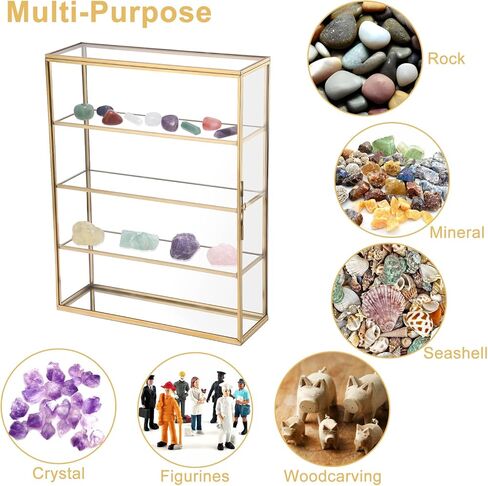 JUXYES 4 Tiers Tabletop Brass Glass Rock Display Case with Latch Door, Modern Clear Rocks Display Case Box with Mirror Bottom, Gold Dust Proof Case for Collectible, Mineral Crystal, Stones in Kuwait