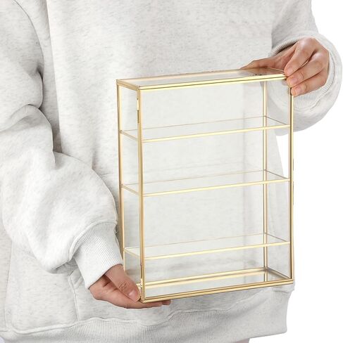 JUXYES 4 Tiers Tabletop Brass Glass Rock Display Case with Latch Door, Modern Clear Rocks Display Case Box with Mirror Bottom, Gold Dust Proof Case for Collectible, Mineral Crystal, Stones in Kuwait