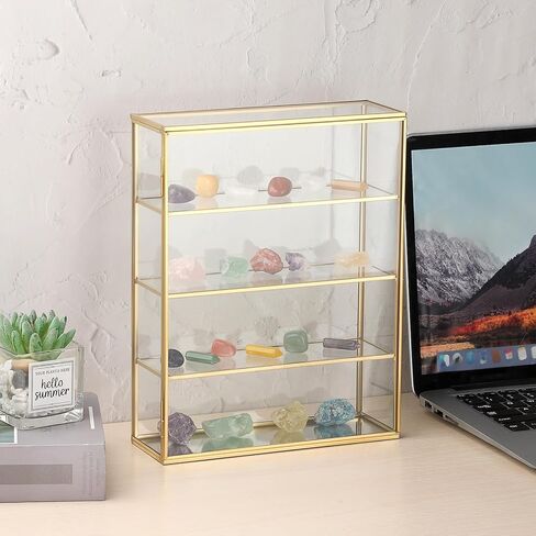 JUXYES 4 Tiers Tabletop Brass Glass Rock Display Case with Latch Door, Modern Clear Rocks Display Case Box with Mirror Bottom, Gold Dust Proof Case for Collectible, Mineral Crystal, Stones in Kuwait
