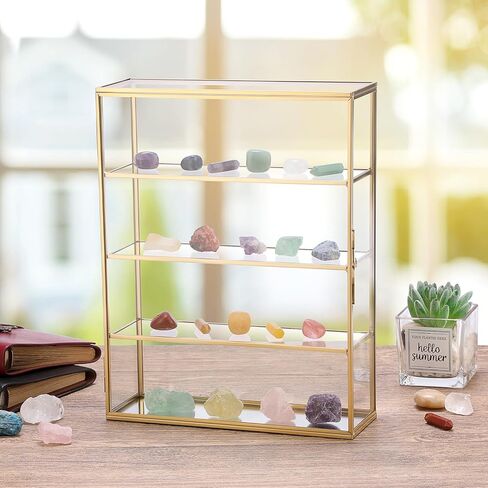 JUXYES 4 Tiers Tabletop Brass Glass Rock Display Case with Latch Door, Modern Clear Rocks Display Case Box with Mirror Bottom, Gold Dust Proof Case for Collectible, Mineral Crystal, Stones in Kuwait