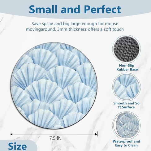 Blue Coastal Beach Seashell Mouse Pad, Nautical Ocean Sea Shell Round Mousepad Mouse Mat with Anti-Slip Rubber Base for Computer Laptop Home Office Desk, 7.9x7.9 in in Kuwait