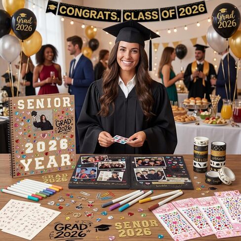Sabary 60 Pages 2026 Graduation Guest Book with Markers Senior Year Scrapbook Kit 11" x 10.6" DIY Photo Album Congrat Grad Guest Sign in Book Memory Scrapbook for Class of 2026 Senior Night Party Gift in Kuwait