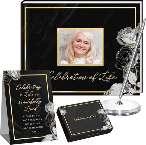Elegant Black Floral Funeral Guest Book,"Celebration of Life" Gold Stamped Cover with Photo Slot,Includes Silver Pen, Acrylic Base & Table Sign,95 Pages Memorial Guest Book for Funerals & Condolences in Saudi Arabia