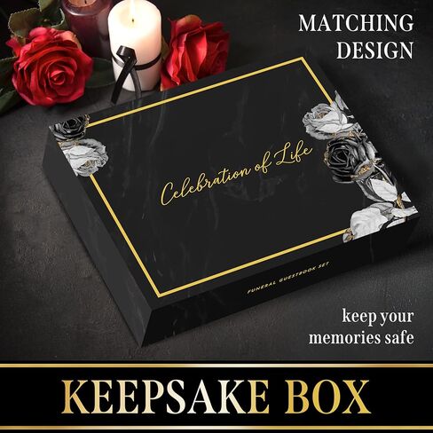 Elegant Black Floral Funeral Guest Book,"Celebration of Life" Gold Stamped Cover with Photo Slot,Includes Silver Pen, Acrylic Base & Table Sign,95 Pages Memorial Guest Book for Funerals & Condolences in Saudi Arabia