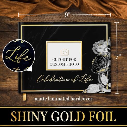 Elegant Black Floral Funeral Guest Book,"Celebration of Life" Gold Stamped Cover with Photo Slot,Includes Silver Pen, Acrylic Base & Table Sign,95 Pages Memorial Guest Book for Funerals & Condolences in Saudi Arabia