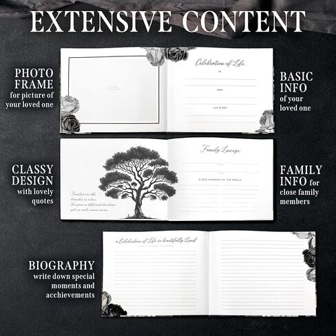 Elegant Black Floral Funeral Guest Book,"Celebration of Life" Gold Stamped Cover with Photo Slot,Includes Silver Pen, Acrylic Base & Table Sign,95 Pages Memorial Guest Book for Funerals & Condolences in Saudi Arabia