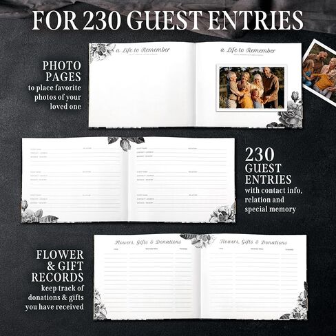 Elegant Black Floral Funeral Guest Book,"Celebration of Life" Gold Stamped Cover with Photo Slot,Includes Silver Pen, Acrylic Base & Table Sign,95 Pages Memorial Guest Book for Funerals & Condolences in Saudi Arabia