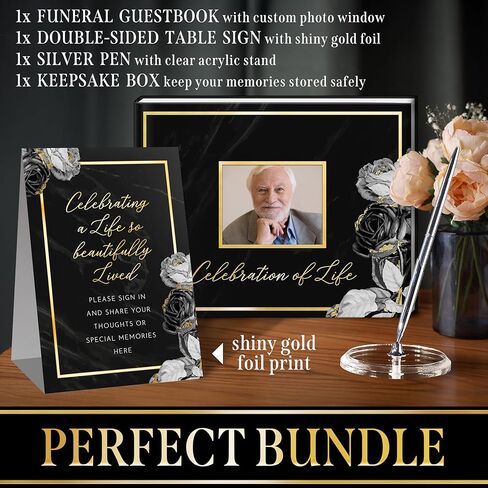 Elegant Black Floral Funeral Guest Book,"Celebration of Life" Gold Stamped Cover with Photo Slot,Includes Silver Pen, Acrylic Base & Table Sign,95 Pages Memorial Guest Book for Funerals & Condolences in Saudi Arabia