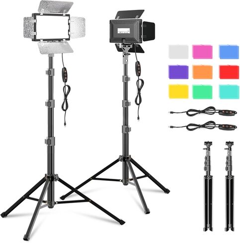 2 Pack LED Video Photography Lighting Kit with 54'' Tripod Stand, Dimmable 5600K USB Studio Lights with Barndoor -9 Color Lighting for Video Recording, Photo Studios, YouTube, TikTok, Game Streaming in Saudi Arabia