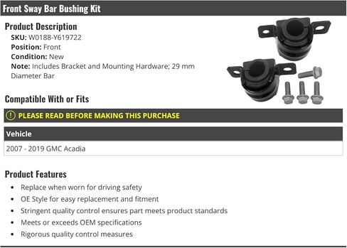Marketplace Auto Parts Front Sway Bar Bushing Kit - 2-Piece - with Bracket and Mounting Hardware - Compatible with 2007-2019 GMC Acadia in Kuwait