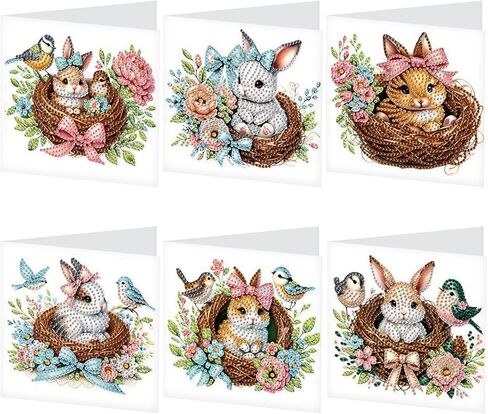 6pcs Diamond Painting Greeting Card, DIY Rabbit and bird's nest Diamond Art Greeting Card for Blessing and Wishe Special Shaped Diamond Arts Crafts for Birthday Easter Day in Kuwait