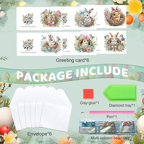 6pcs Diamond Painting Greeting Card, DIY Rabbit and bird's nest Diamond Art Greeting Card for Blessing and Wishe Special Shaped Diamond Arts Crafts for Birthday Easter Day in Kuwait
