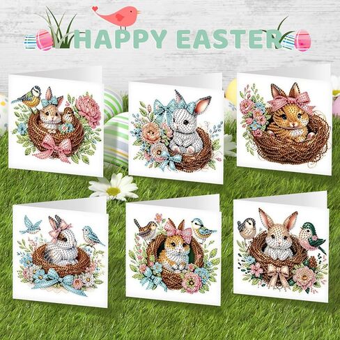 6pcs Diamond Painting Greeting Card, DIY Rabbit and bird's nest Diamond Art Greeting Card for Blessing and Wishe Special Shaped Diamond Arts Crafts for Birthday Easter Day in Kuwait