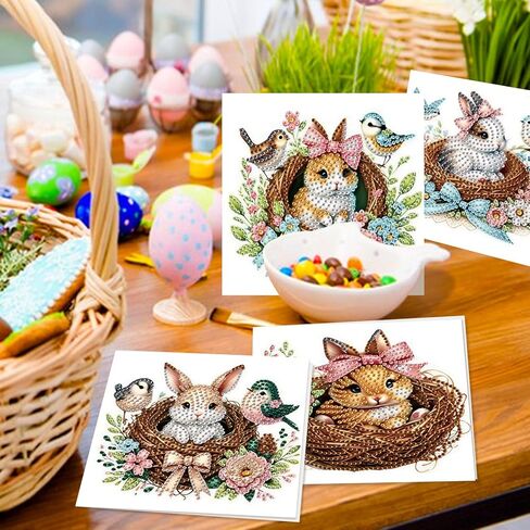 6pcs Diamond Painting Greeting Card, DIY Rabbit and bird's nest Diamond Art Greeting Card for Blessing and Wishe Special Shaped Diamond Arts Crafts for Birthday Easter Day in Kuwait