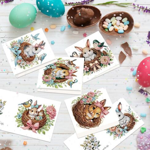 6pcs Diamond Painting Greeting Card, DIY Rabbit and bird's nest Diamond Art Greeting Card for Blessing and Wishe Special Shaped Diamond Arts Crafts for Birthday Easter Day in Kuwait