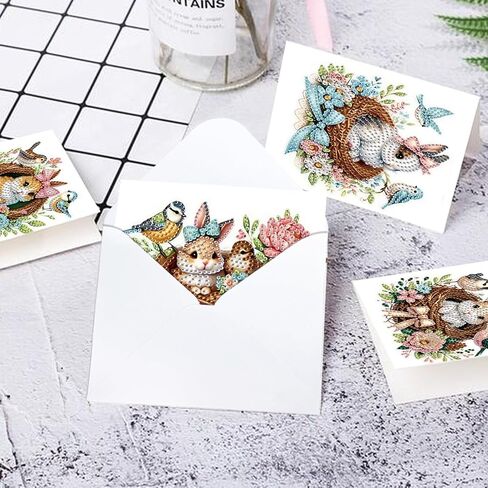6pcs Diamond Painting Greeting Card, DIY Rabbit and bird's nest Diamond Art Greeting Card for Blessing and Wishe Special Shaped Diamond Arts Crafts for Birthday Easter Day in Kuwait