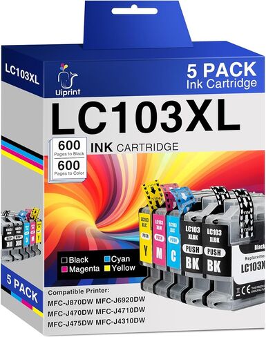 LC103XL Compatible with Brother LC101 LC103 Ink Cartridges for Brother Printer MFC-J870DW MFC-J6920DW MFC-J6520DW MFC-J450DW MFC-J470DW, 5 Pack High Yield(2 Black, 1 Cyan, 1 Magenta, 1 Yellow) in Kuwait