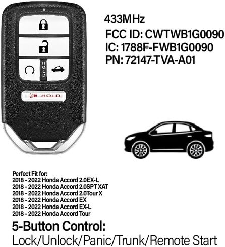 Car Key Fob Remote Keyless Entry Control CWTWB1G0090 433MHz 5 Button Replacement for 2018-2022 Honda Accord 2.0EX-L EX Tour - 2 Pack in Kuwait