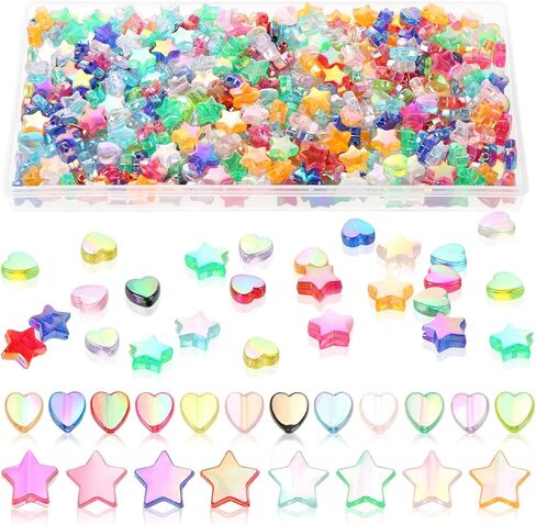 BENBO 600PCS Acrylic Beads Heart Star Shape Beads Clear Acrylic AB Colors Heart Bead Bulk Colorful Flat Star Beads Loose Spacer Beads with Box for DIY Jewelry Making in Kuwait