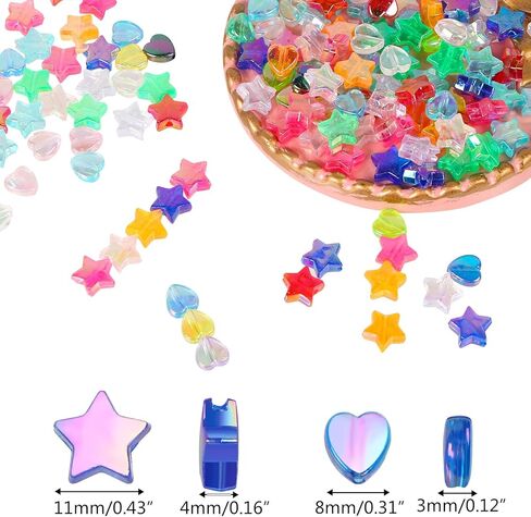 BENBO 600PCS Acrylic Beads Heart Star Shape Beads Clear Acrylic AB Colors Heart Bead Bulk Colorful Flat Star Beads Loose Spacer Beads with Box for DIY Jewelry Making in Kuwait