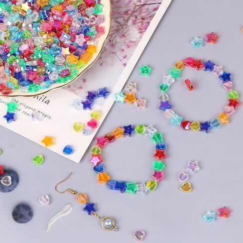 BENBO 600PCS Acrylic Beads Heart Star Shape Beads Clear Acrylic AB Colors Heart Bead Bulk Colorful Flat Star Beads Loose Spacer Beads with Box for DIY Jewelry Making in Kuwait