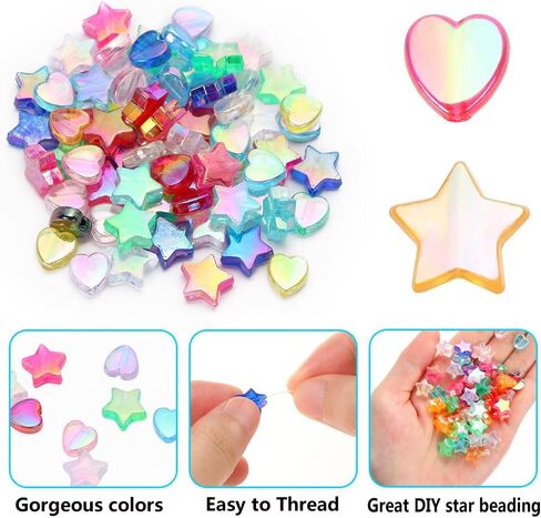 BENBO 600PCS Acrylic Beads Heart Star Shape Beads Clear Acrylic AB Colors Heart Bead Bulk Colorful Flat Star Beads Loose Spacer Beads with Box for DIY Jewelry Making in Kuwait